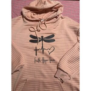 Womens Pink Quilted Dragonfly Faith Hope Love Hoodie Pullover XL